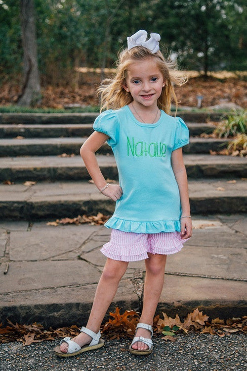 Girls Puff Sleeve Shirt with Ruffle Bottom