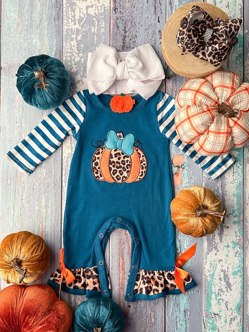 Blue & Orange Ruffled Pumpkin Romper - Girls