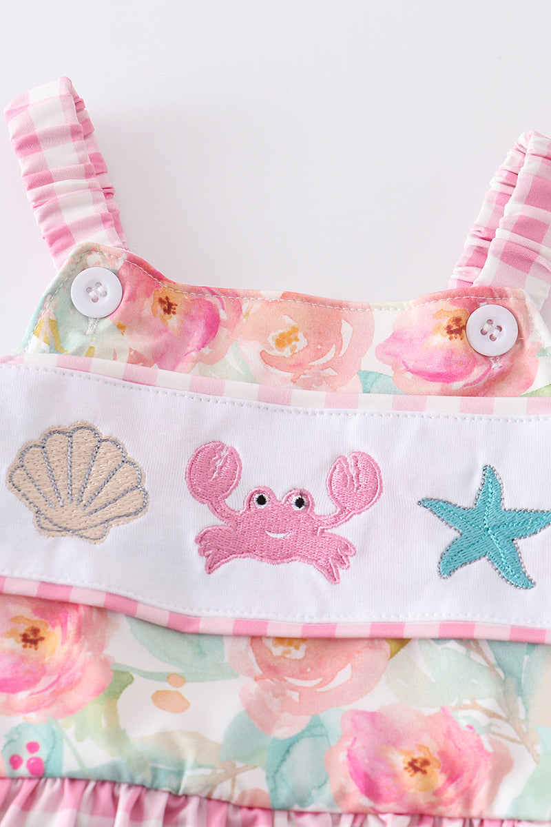 PINK FLORAL PRINT CRAB EMBROIDERY GIRL  SWIMSUIT