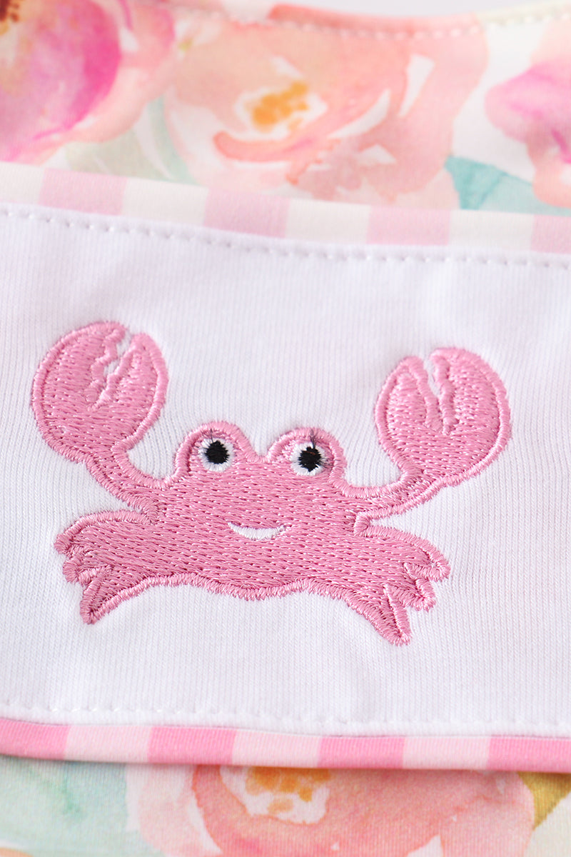 PINK FLORAL PRINT CRAB EMBROIDERY GIRL  SWIMSUIT