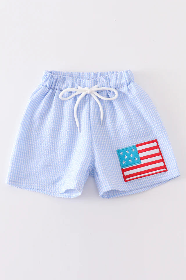 SEERSUCKER PATRIOTIC FLAG APPLIQUE BOY SWIM TRUNKS