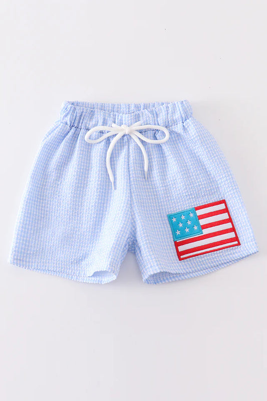 SEERSUCKER PATRIOTIC FLAG APPLIQUE BOY SWIM TRUNKS