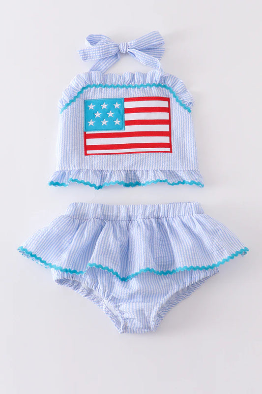 BLUE PATRIOTIC FLAG APPLIQUE SEERSUCKER 2PC GIRL SWIMSUIT