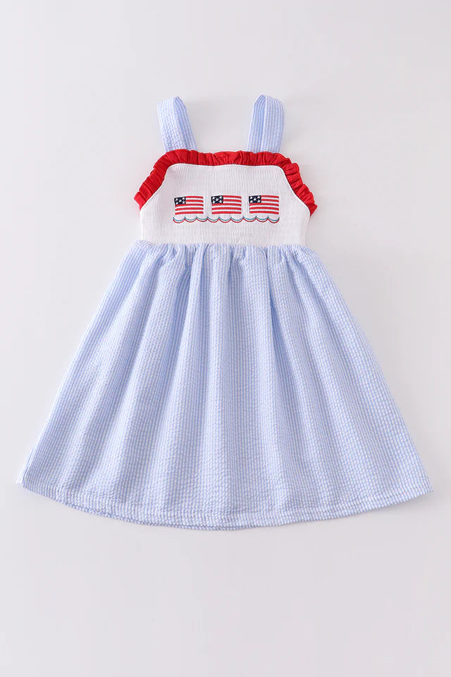 PATRIOTIC FLAG EMBROIDERY SEERSUCKER STRAP DRESS