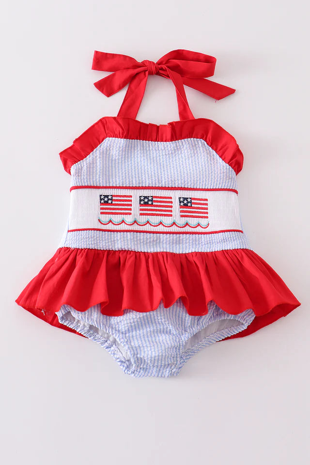 PATRIOTIC FLAG EMBROIDERY SMOCKED SEERSUCKER ONE-PIECE GIRL SWIMSUIT