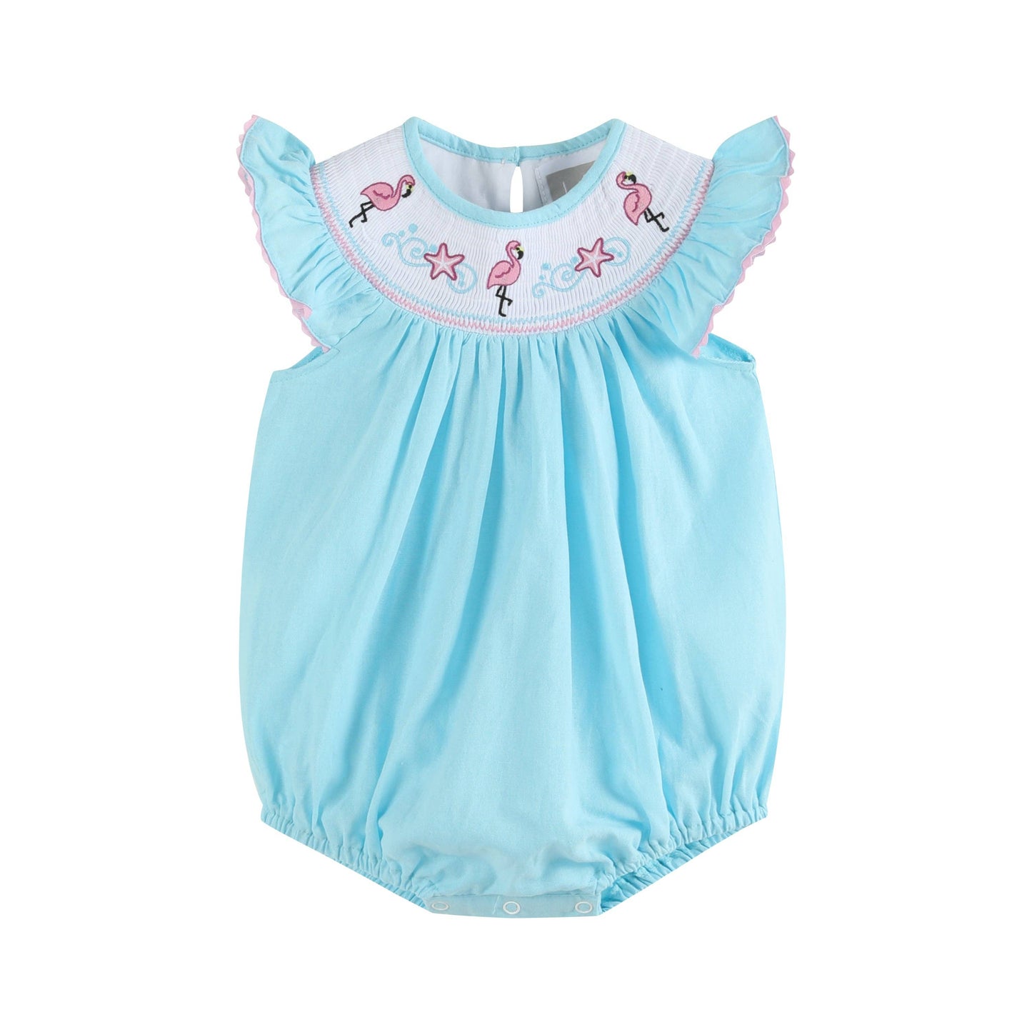 Light Blue Flamingo Smocked Flutter Romper