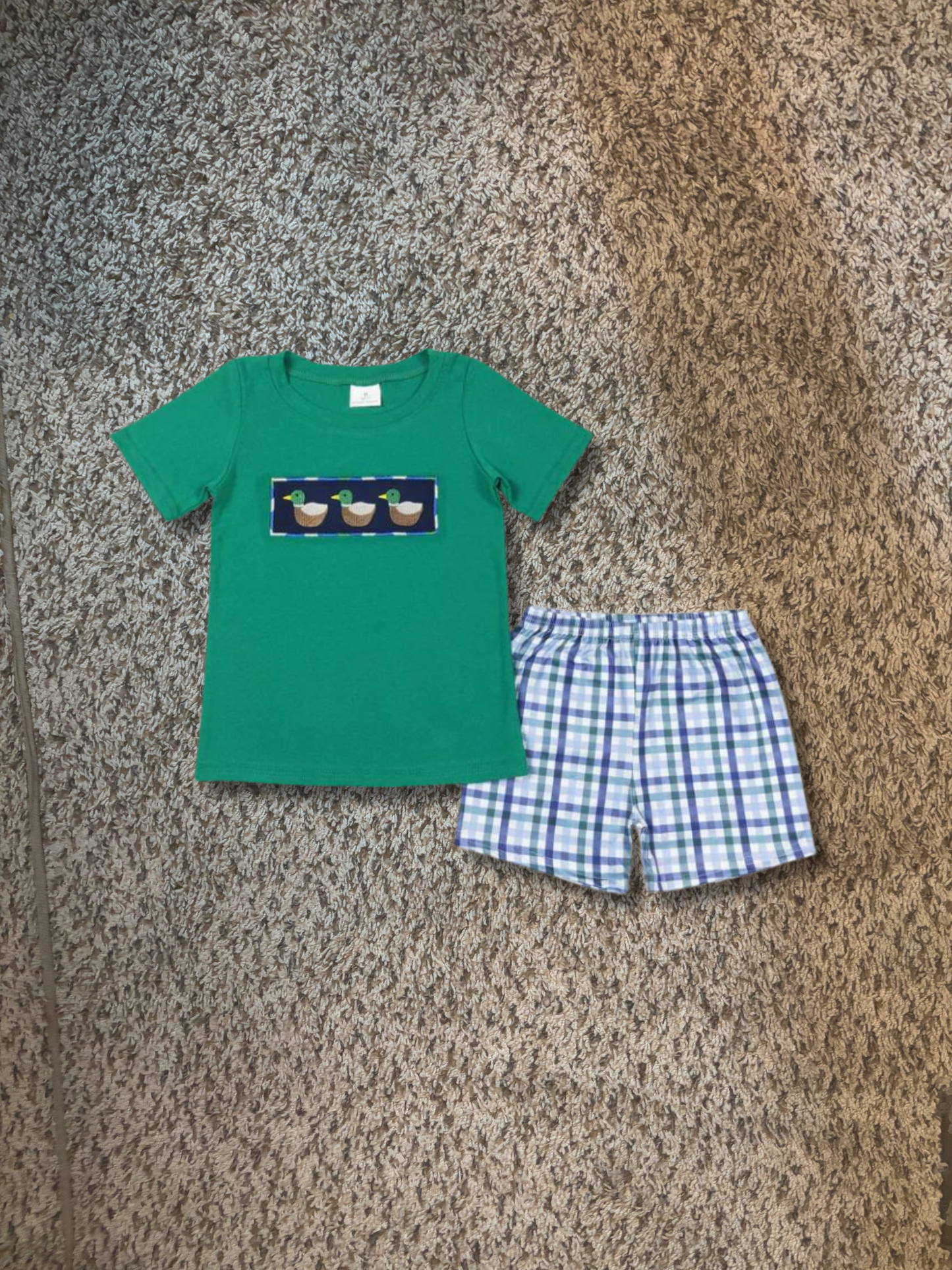 Boys Green Smocked Duck Two-Piece Shorts Outfit