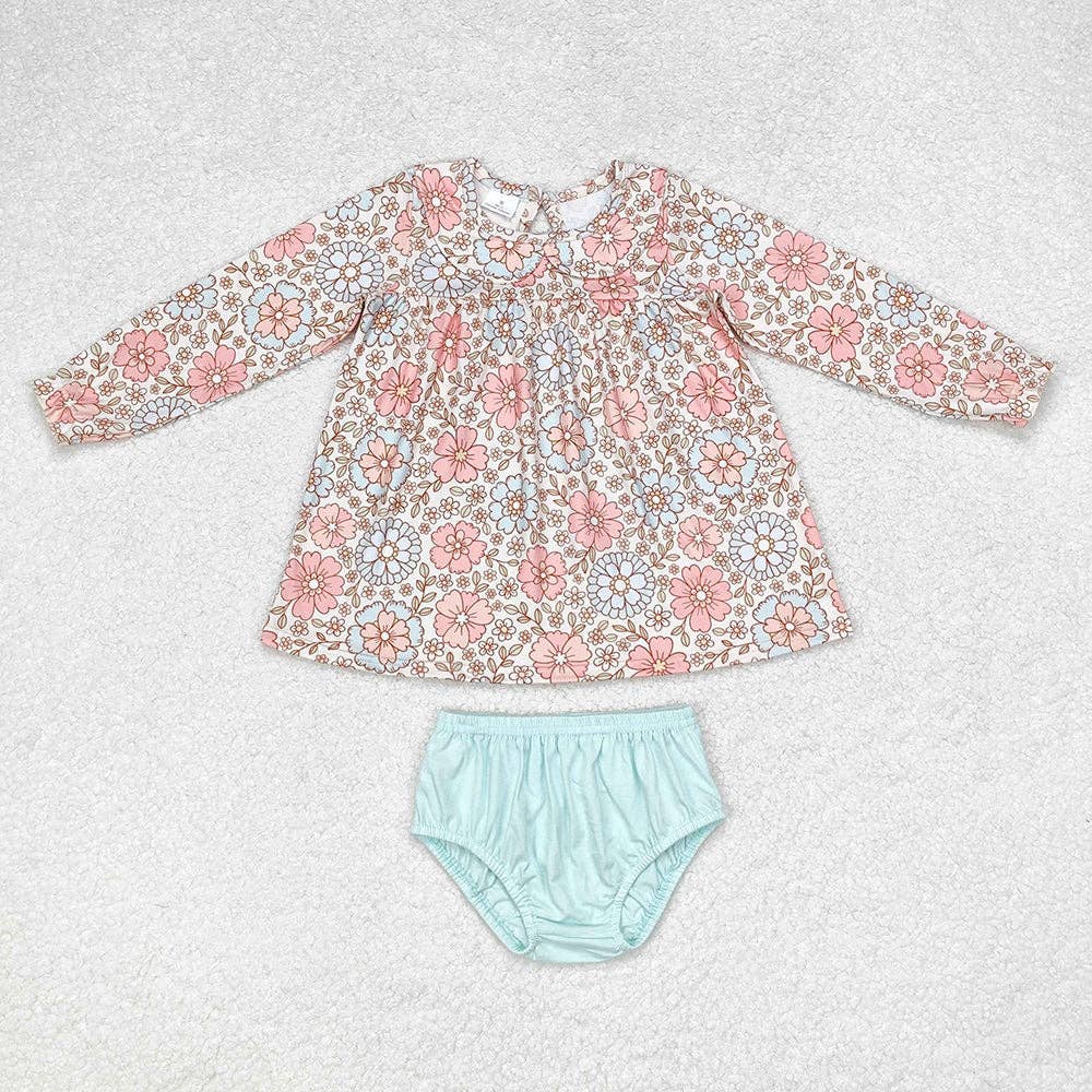 Baby Girls Fall Flowers Tunic Top Blue Bummies Clothes Sets