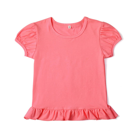 Pink short sleeve with bottom ruffle cotton blank shirt