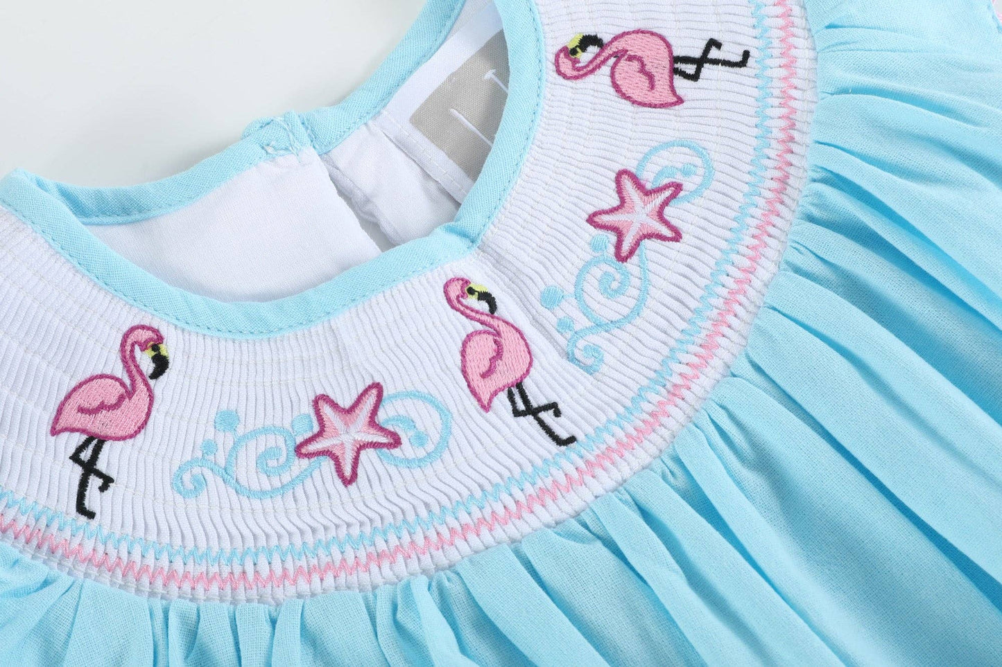 Light Blue Flamingo Smocked Bishop Dress