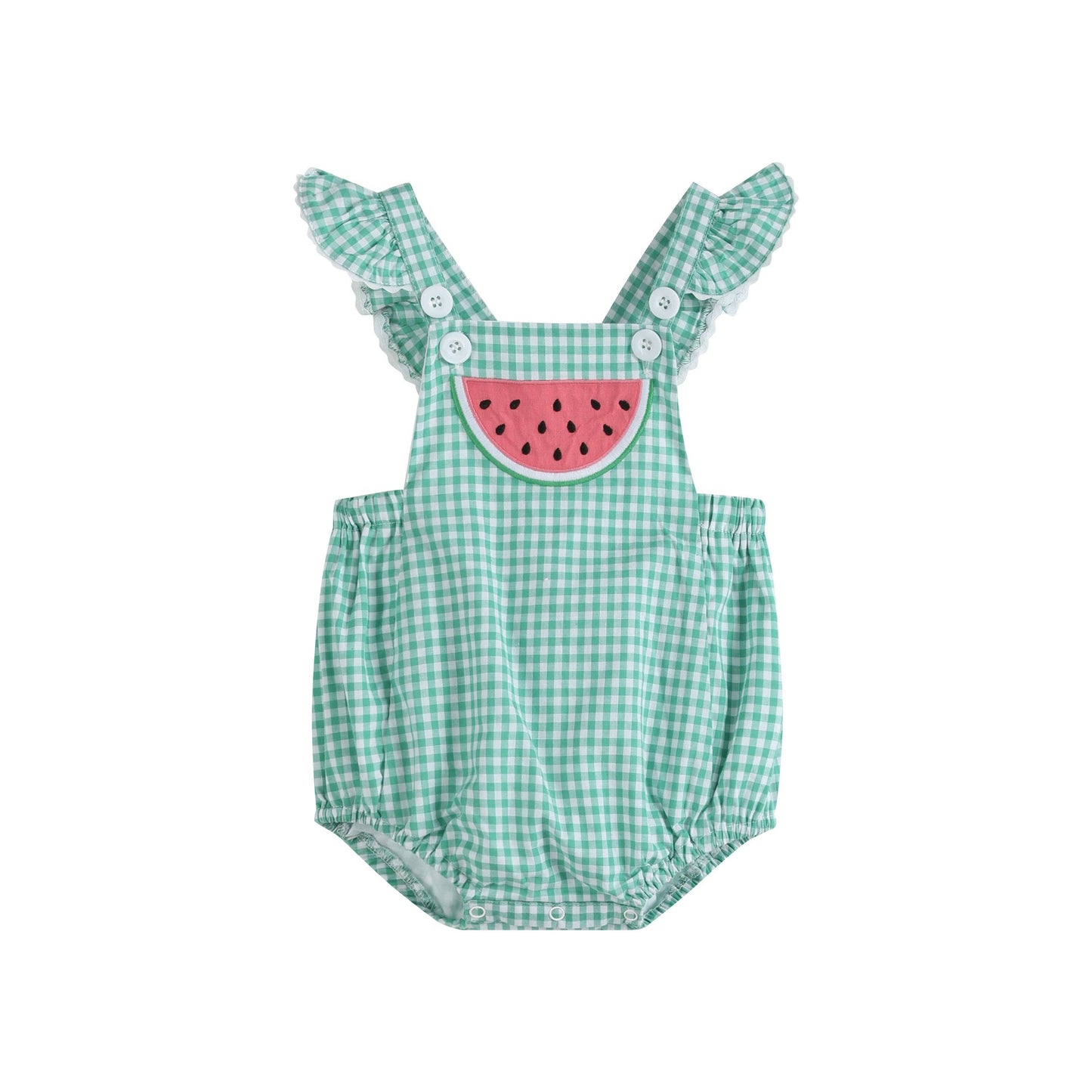 Green Gingham Watermelon Ruffle Romper