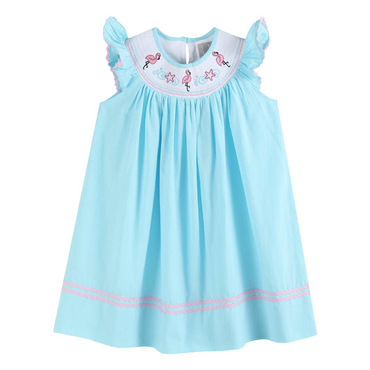 Light Blue Flamingo Smocked Bishop Dress