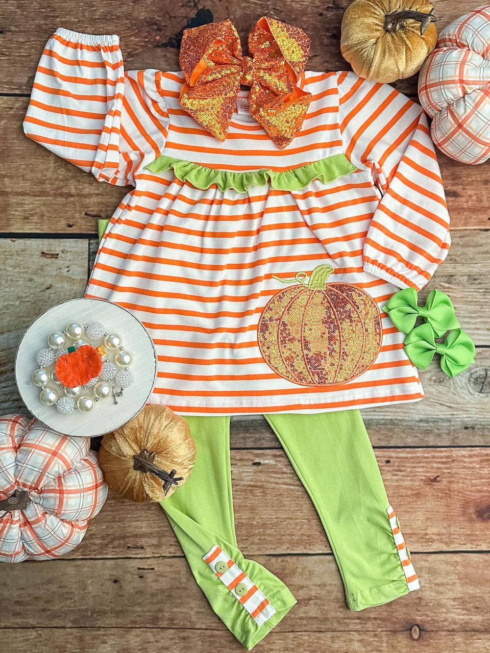 Striped Pumpkin Orange & Green Pants Set