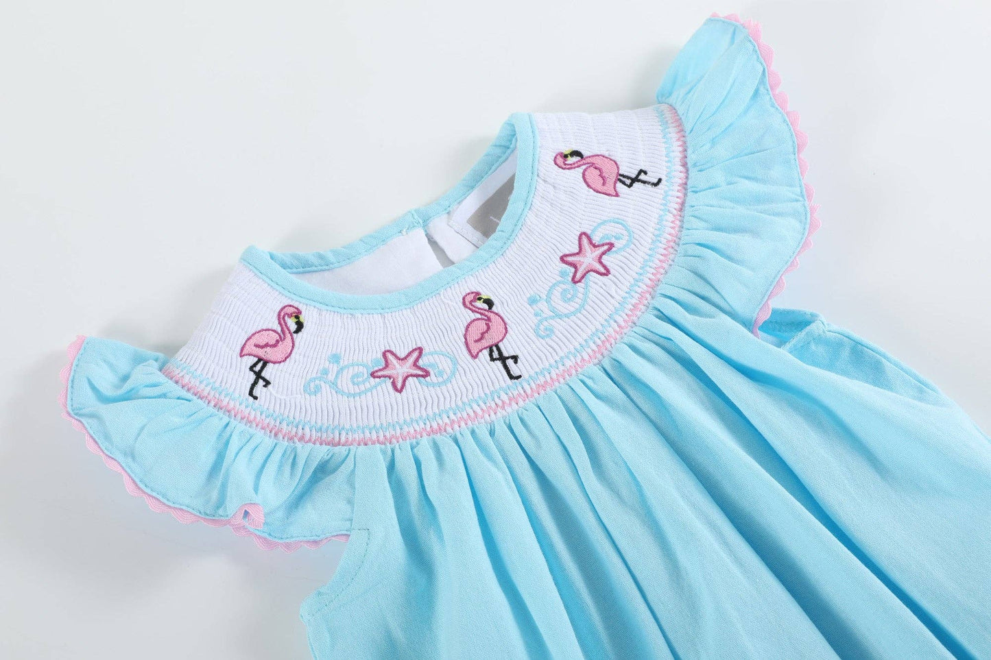 Light Blue Flamingo Smocked Flutter Romper