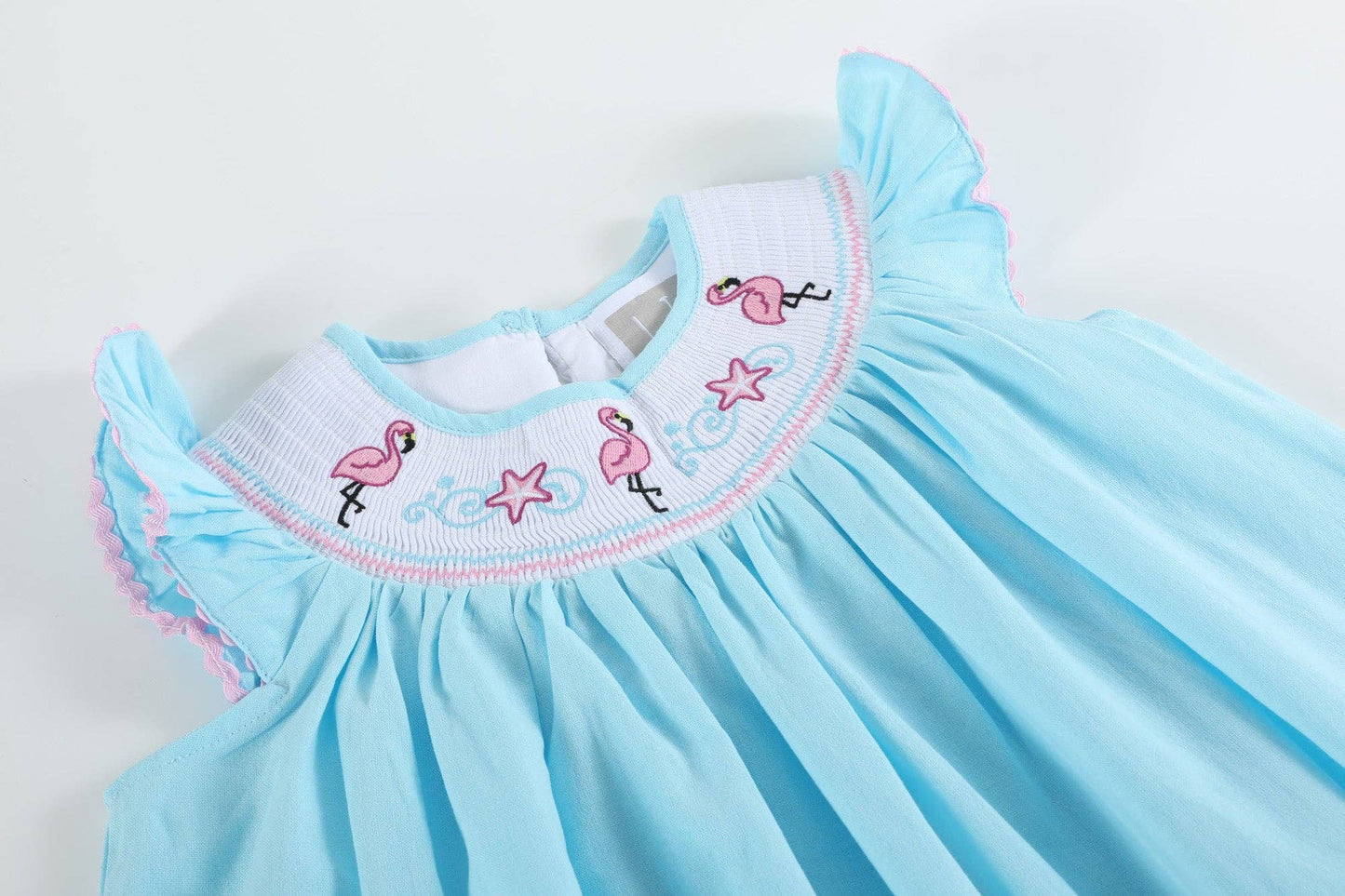 Light Blue Flamingo Smocked Bishop Dress