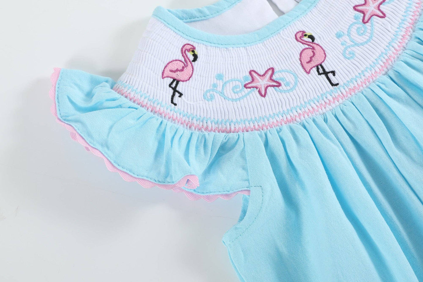 Light Blue Flamingo Smocked Flutter Romper