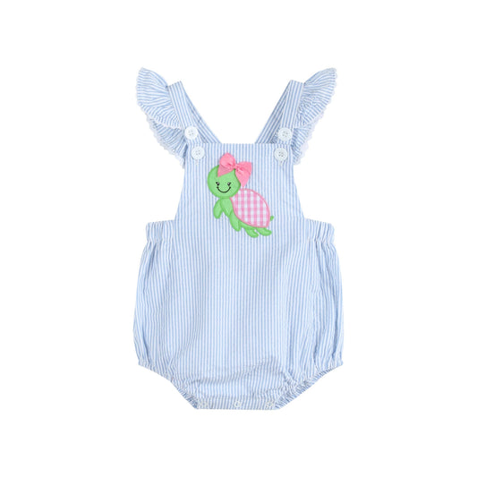 Light Blue Seersucker Turtle Ruffle Romper