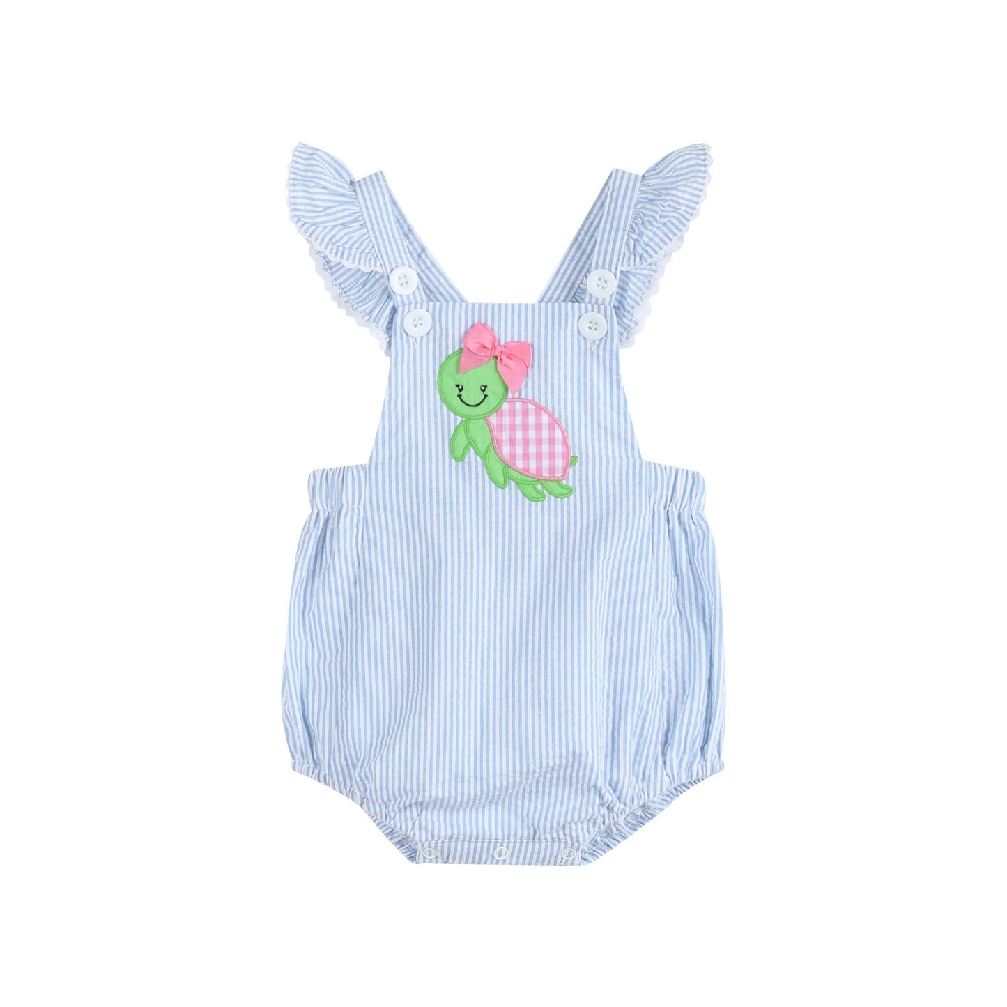 Light Blue Seersucker Turtle Ruffle Romper