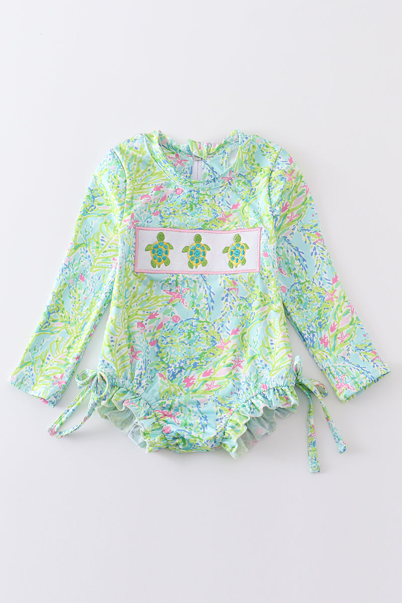 LILY PRINT TURTLE EMBROIDERY GIRL LONG-SLEEVED SWIMSUIT