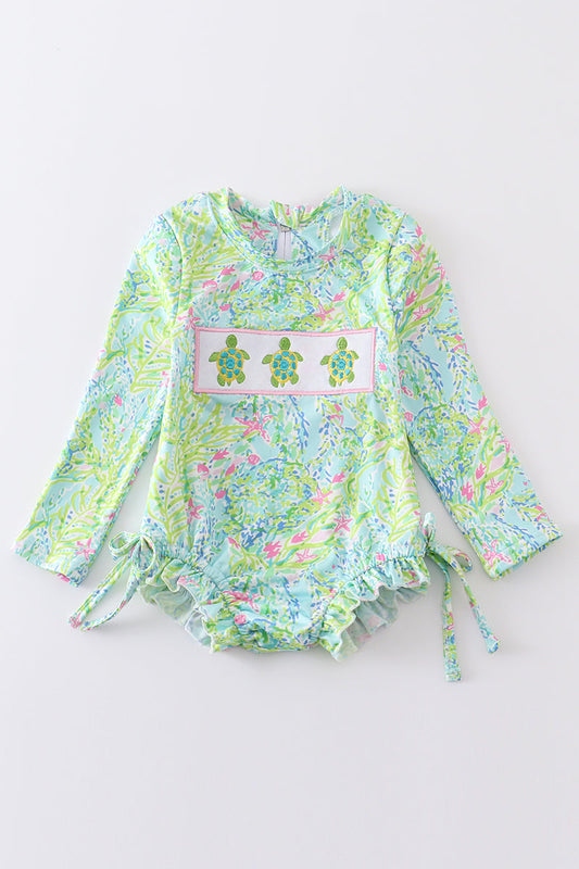 LILY PRINT TURTLE EMBROIDERY GIRL LONG-SLEEVED SWIMSUIT